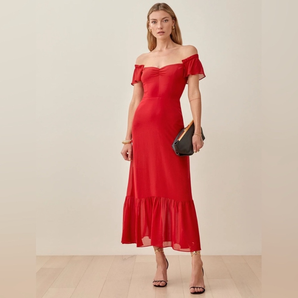 Reformation Red Off-Shoulder Midi Dress
